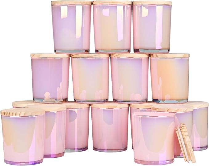 Thick Candle Jars for Making Candles 16 Pcs, 7 OZ Empty Jars with Wood Lids for Candle Making, Sample Container, Glitter Pink