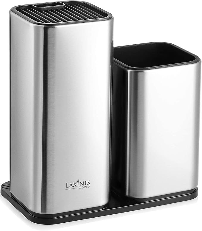 Knife Holder and Utensil Holder - Stainless-Steel Modern Rectangular Design Universal Knife Block and Kitchen Utensils Organizer for Counter-top