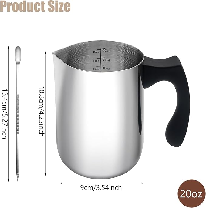 Milk Frothing Pitcher, 20oz Milk Frother Cup 304 Stainless Steel Steaming Pitcher with Art Pen Milk Coffee Jug Cup with Heat-resistant Handle and Scale