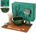 Matcha Whisk Set, Ceramic Bowl with Spout, Matcha Whisk & Holder, Bamboo Scoop & Spoon, Scoop Rest, Sifter, Towel, 8 Pcs Complete Kit for Tea Ceremony, Gift for Friend/Family(Green)