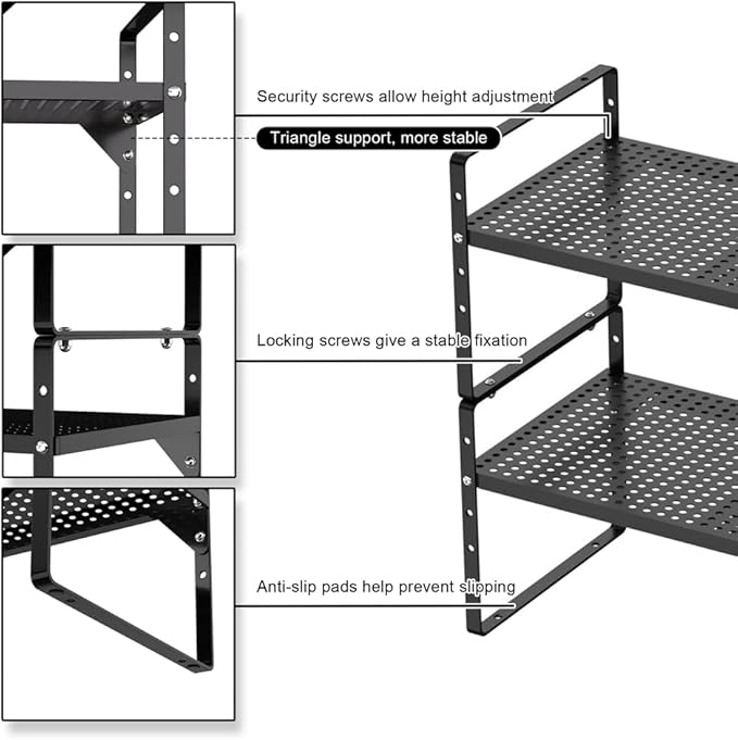 Expandable Kitchen Cabinet Shelf Organizers, Stackable Metal Pantry Storage Shelves Rack, Adjustable Counter Spice Shelf for Cabinets, Countertop, Cupboard, 2 Pack, Black