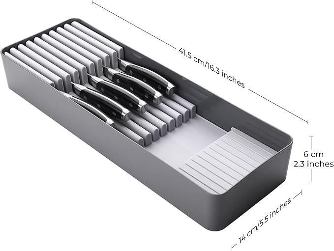 Linoroso Knife Drawer Organizer With In-Drawer Knife Block for 9 Knives, Kitchen Utensil Organizer, BPA Free Secure Storage Tray for Countertop Organization