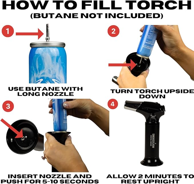 Blow Butane Cooking Torch, Lighter with Safety Lock and Adjustable Flame for BBQ, Baking, Brulee, DIY, Creme and Deserts | Viewing window for accurate fuel filling | Butane Gas not included