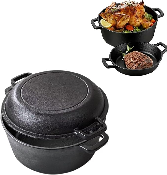 2-in-1 Pre-Seasoned Cast Iron Dutch Oven with Skillet Lid, 10 In Cast Iron Pot & Pan Set for Baking Bread, Frying, Camping, BBQ, Indoor & Outdoor Use