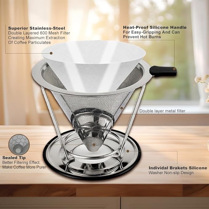 Pour Over Coffee Dripper, Abnaok Stainless Steel Filter,Easy to Clean Paperless Pour Over Coffee Maker,Reusable Filter,Cone Dripper with Removable Cup