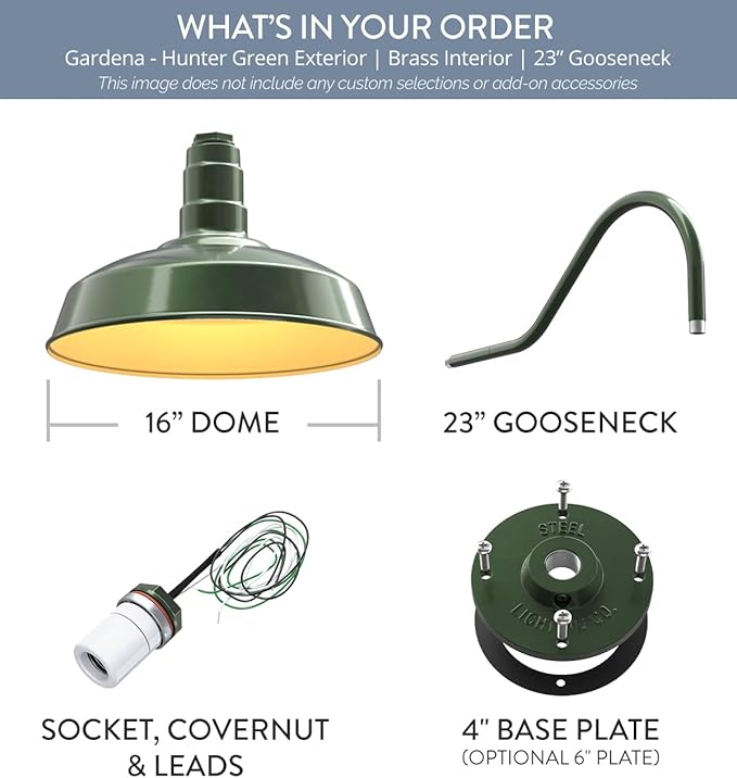 Steel Lighting Co. Gardena Barn Light | Outdoor Wall Mounted | 16" Dome | 23" Gooseneck | Farmhouse Light Made in America | Hunter Green Exterior/Brass Interior