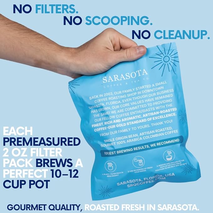 100% Colombian Dark Roast Ground Coffee in Filter Packs | Low Acid Mold Free Premeasured Pouches | Bulk Packets | Gourmet Powder Bags for 10–12 Cup Drip Maker | Highest Rated Individual Coffee