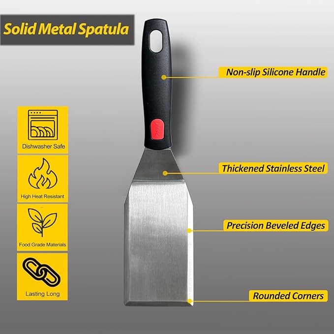 Professional Metal Spatula for Cast Iron Skillets and Flat Top Grills, Full Tang Silicone Handle,Thickened Stainless Steel Blade, Smash Burger Spatula Turner for Flipper, Cooking, BBQ, 5 x 2.75 Inch