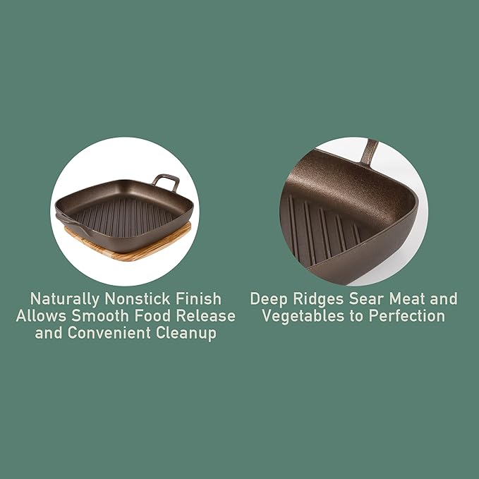 Bloomhouse Natural Bronze Finish 12-Inch Square Cast Iron Grill Pan – Olive Oil Treated Surface with Dual Handles & Olive Wood Trivet, Oven, Grill & Campfire Safe