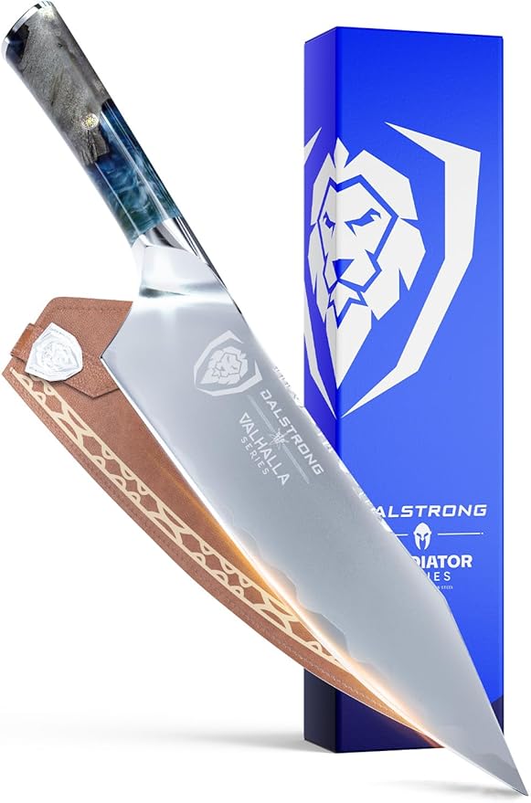 Dalstrong Chef Knife - 9.5 inch - Valhalla Series - 9CR18MOV HC Steel Kitchen Knife - White Resin & Wood Handle - Razor Sharp Chef's Knife - Kitchen Knife - Professional Cooking - w/Leather Sheath