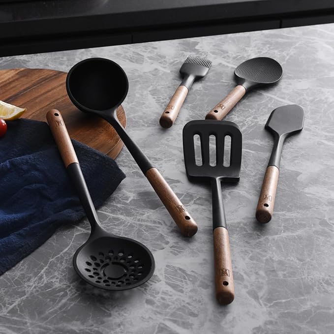 Set of 2pc Silicone Cooking Utensils: Wooden Handle Slotted Spatula + Cooking Skimmer, Heat Resistant Cooking Utensil, BPA Free, Safe Material for All Cooking Surfaces, Non-Slip Grip