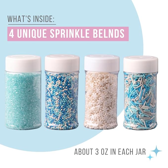 Sweets Indeed Winter Sprinkle 4-Pack – 10.90 oz | Blue Sugar Crystals, Shimmer Snowflakes, Winter Jimmies & Nonpareils | Frozen-Inspired Christmas & Holiday Baking Decorations