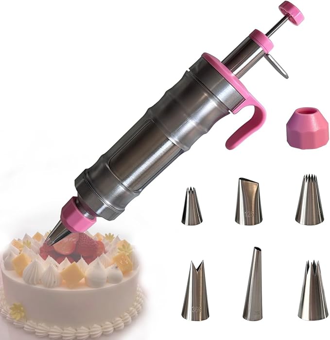 Dessert Decorating Piping Syringe Set Cake Decorating Tool Cookie Gun Press,Icing Decoration Gun,Frosting Piping Kit 6 Piping Icing Nozzles for Baking,Decorating Cupcake,Deviled Eggs (Silver & Pink)