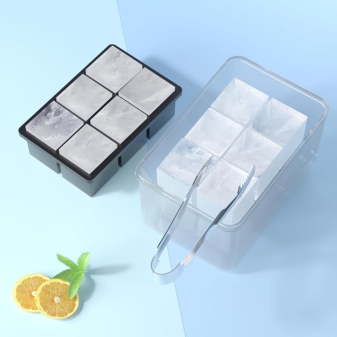 Samuelworld Large Ice Cube Tray with Lid and Bin: 2 Inch Silicone Old Fashioned Ice Cube Mold with Lid and Bin, Big Square Ice Cube Maker for Whiskey-3 Color (With Ice Tong)