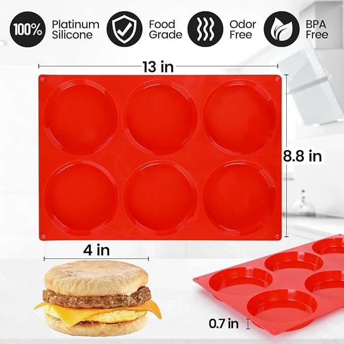 CAKETIME Jumbo Muffin Top Pan, Silicone Egg Molds for Breakfast Sandwiches 4 Inch Large Egg Baking Pan for Oven English muffins, Whoopie Pies, Corn Bread, Egg bites, Tarts 2 Pack Red