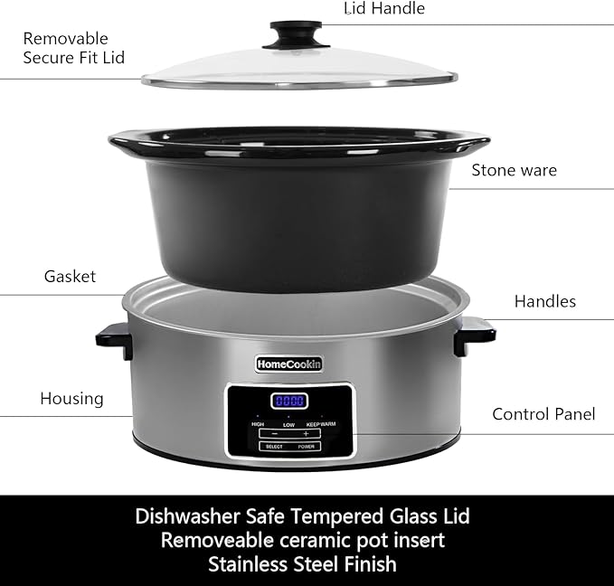 HOMECOOKIN 6-Quart Digital Programmable Slow Cooker with Timer - Small Kitchen Appliance for Family Dinners - Serves 6+ People - Heat Settings: Keep Warm, Low and High