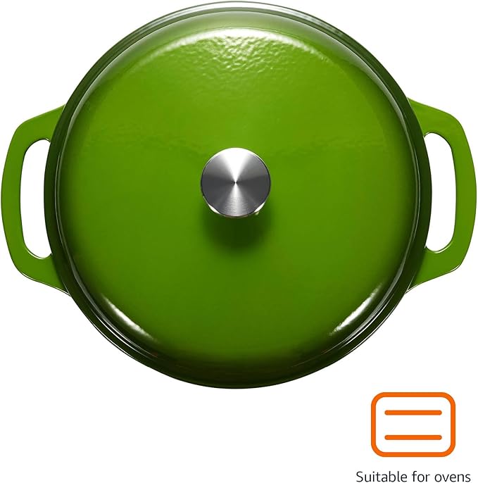 Amazon Basics Cast Iron Dutch Oven Pot with Lid, Enameled, Round, Dual Handles, Heavy-Duty, Medium, 6-Quart, Green