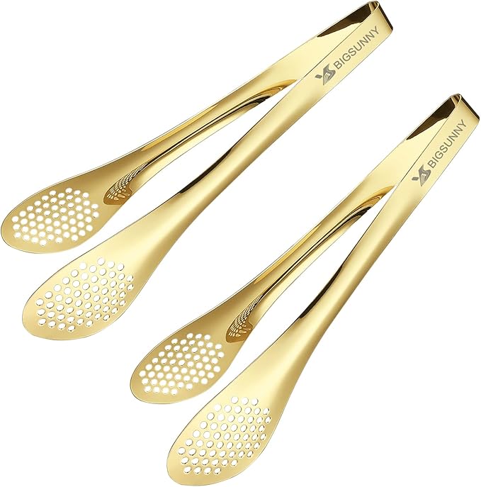 MSY BIGSUNNY Stainless Steel Buffet Tongs - Kitchen Food Tong for Cooking and Serving (Gold 11" Serving Tongs)