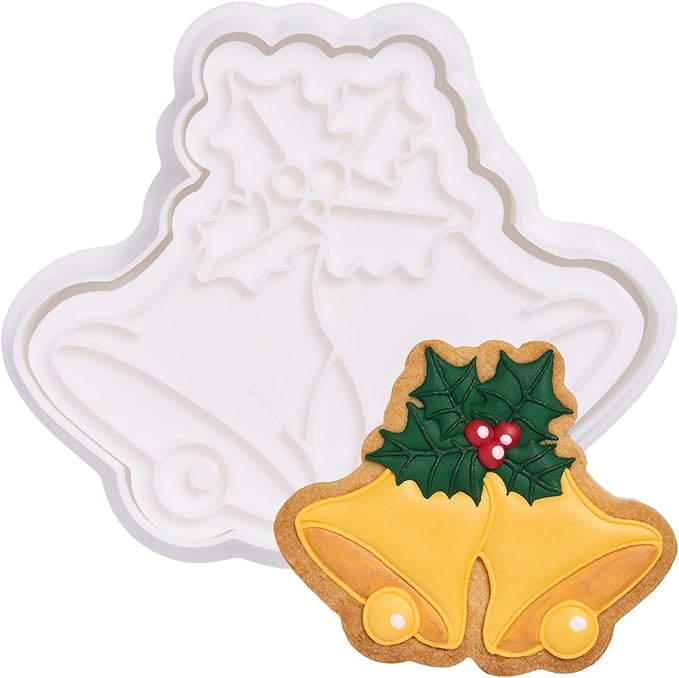 Flycalf Christmas Cookie Cutters Bell with Plunger Stamps Holiday PLA Baking Accessories Cutter Molds Gifts Decorative Party 3.5" Kitchen Cake Supplies