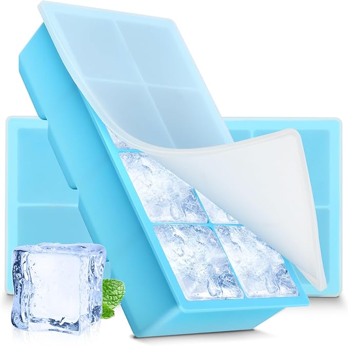 2 Pack Silicone Extra Large Ice Cube Tray - Ice Cube Molds with Lid Reusable & BPA Free, 8 Grids Silicone Large Square Ice Cube Trays Easy Release Ice Cube Tray for Iced Coffee, Cocktail, Whiskey