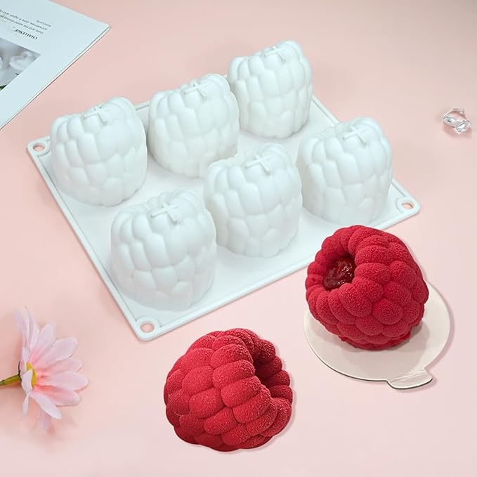 mostsom Silicone Dessert Mold, 6-Cavity Raspberry Pattern Chocolate Mousse Cake Mold, Flexible Baking Mold for Candy, Jelly, Ice Cube (B_ Raspberry)