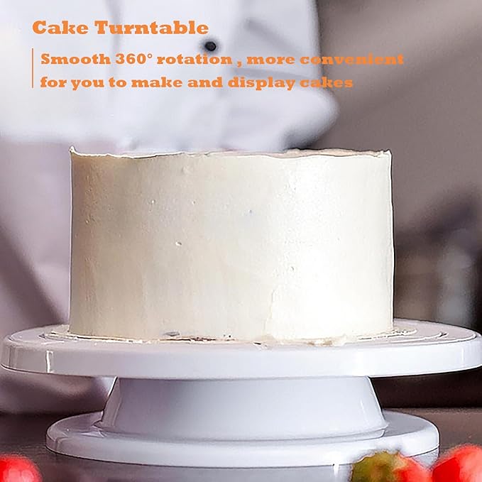 11 Inch Revolving Cake Stand Turntable, Cake Decorating Kit with 24 Icing Piping Tips, 3 Scrapers, 2 Spatulas, 1 Coupler and 1 Reusable Piping Bag, Baking Supplies for Beginners and Cake Lovers