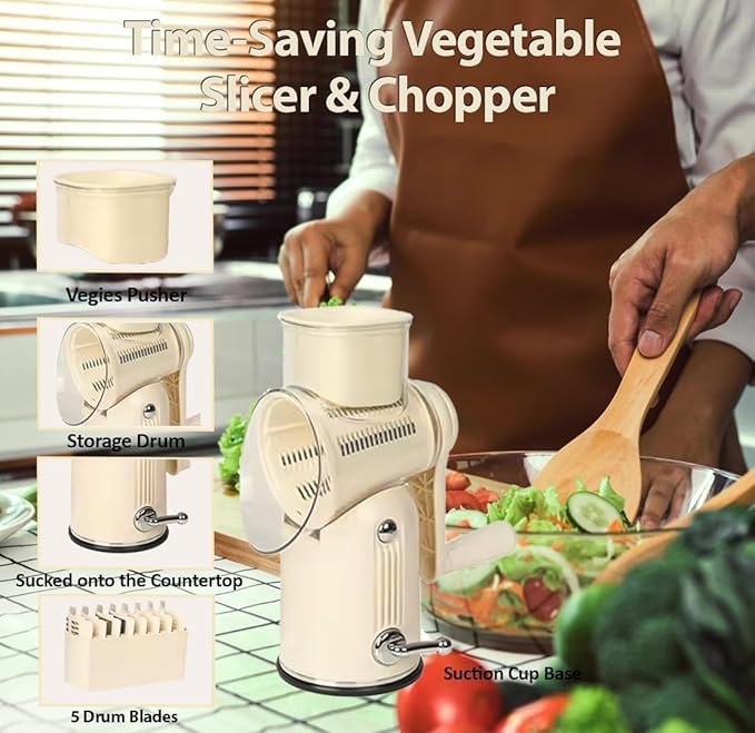 Chef Power Premium Quality Rotary Cheese Grater with Handle - Kitchen Accessories Cucumber Slicer Vegetable Salad Grater, Vegetable Grater - Cheese Grater (Beige)