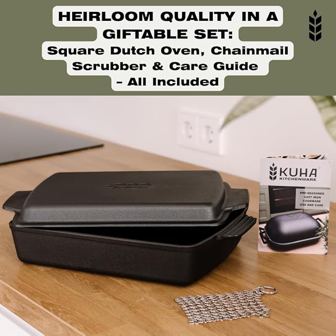Kuha 2-in-1 Square Cast Iron Dutch Oven, 6 QT – Skillet Lid & Casserole Dish, Pre-Seasoned 13×9 Baking/Roasting Pan, Oven-Grill-Campfire Safe, Comes with Chainmail Scrubber