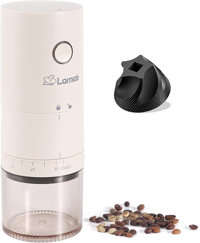 Lamido Portable Electric Coffee Grinder with Ceramic Conical Burr - 38 Adjustable Grind Settings -1500 mAh Battery Rechargeable - Auto-Stop - Washable for Espresso, Pour Over - Travel, Camping (White)