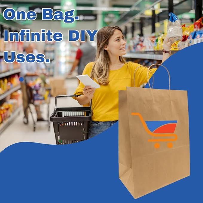 ASSUREPAK DIY Earth Friendly Grocery Paper Bag - 250 Bags - 13"x7"x13" - 74LB (110 GSM strong) - Twisted Handle - Kraft/Natural - Recyclable Food & Supermarket Bags for Decorating & Branding