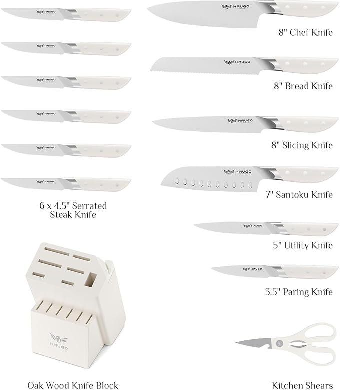 Knife Set - Haugo 14 PCS German Stainless Steel Kitchen Knife Sets with Block and Sharpener - Full Tang Knife Block Set and Ergonomic Handle - Elegant White- Obsidian Series