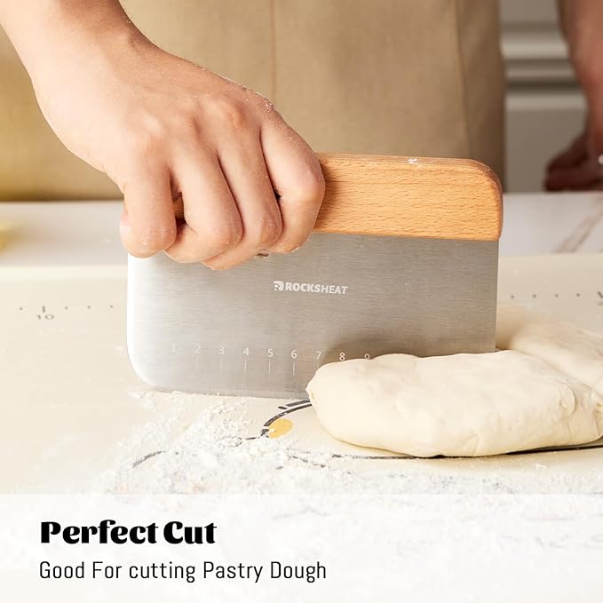 Bench Scraper & Chopper, Stainless Steel Dough Cutter with Wooden Handle, Thick Sharp Blades Pizza Bread Cutter, Multipurpose Kitchen Tool for Baking Cooking