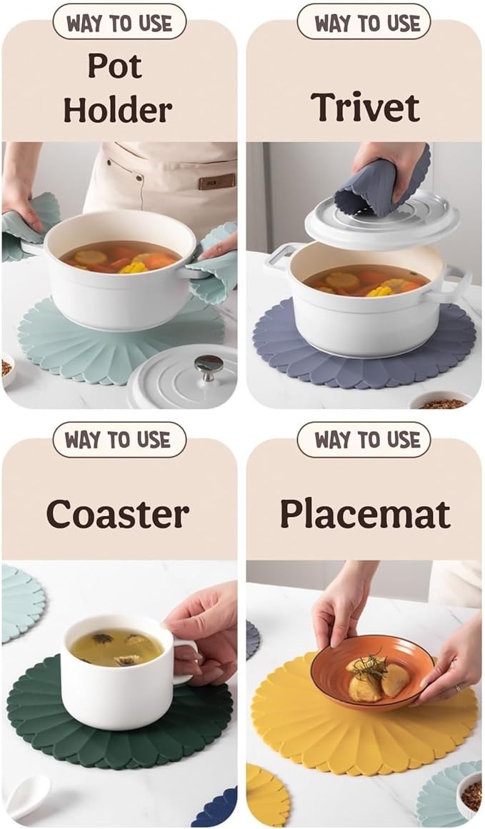 Heat-Resistant Silicone Trivet Mats, Non-Slip Hot Plate Holder for Kitchen Countertops & Dining Table, Reusable Pot Holder Pad with Secure Grip, Dishwasher Safe (Yellow, Diameter: 30cm/11.81")