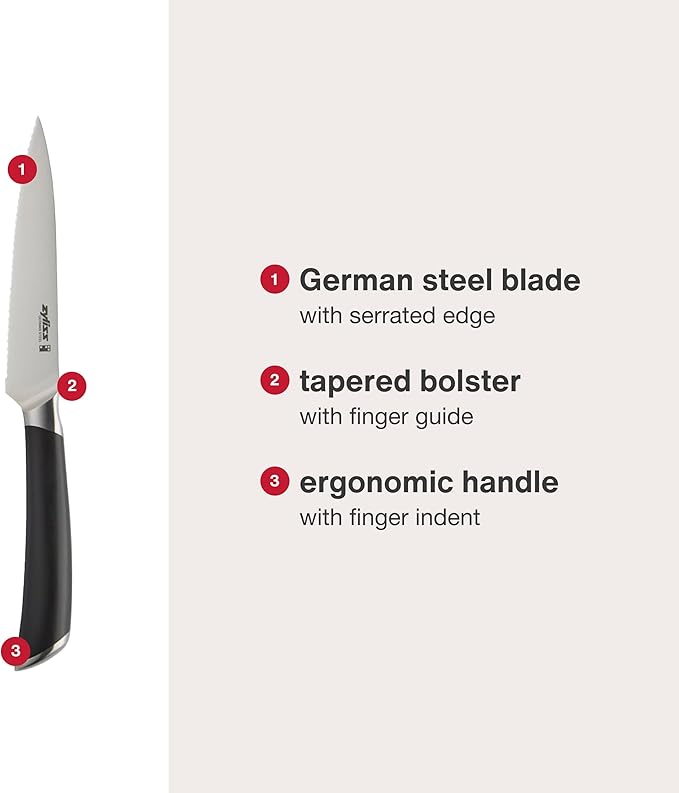 Zyliss Comfort Pro Serrated Paring Knife - Full Tang Vegetable & Bread Knife - Ice Hardened Stainless Steel Serrated Knife - Cutlery with Antibacterial Handle - Black/Stainless Steel - 4.5 Inches