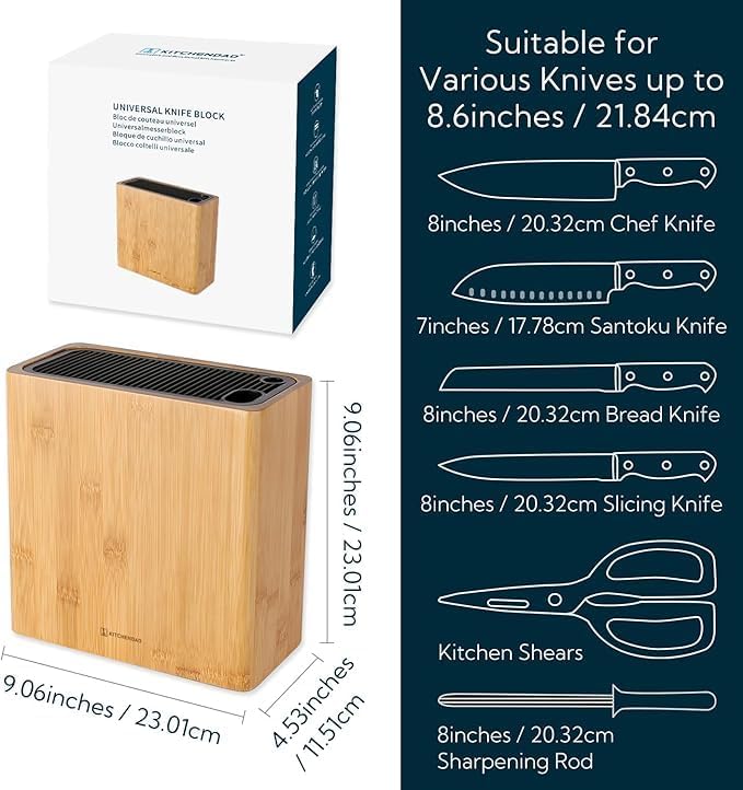 KITCHENDAO XL Bamboo Universal Knife Block Holder with Slots for Scissors and Sharpening Rod, Safe, Space Saver Knives Storage Stand Display without Knives, Unique Slot Design to Protect Blade