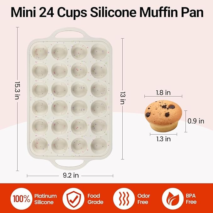 CAKETIME Mini Muffin Pan, Metal Reinforced Frame Mini Cupcake Pans 24 Cups Nonstick Muffin Silicone Molds with Handle for Baking Muffins, Cupcakes, Egg Bites 2 Pack