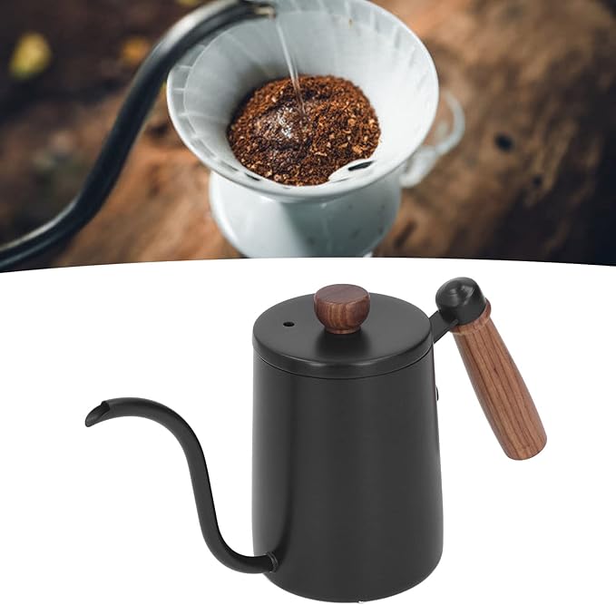 600ml 20oz Pour Over Coffee Kettle Pour Over Kettle Gooseneck Spout Coffee Tea Pot with Wood Handle Pour Over Coffee Kettle Temperature Cooling Hole (Black)