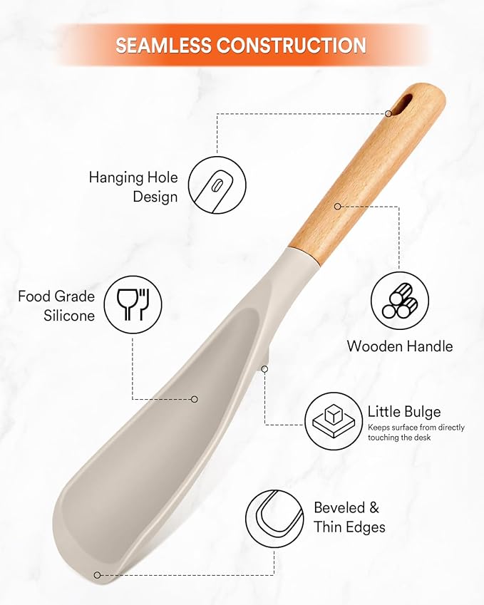 Cooking Spoon and Rice Scooper for Nonstick Cookwares, Great for Cooking and Serving Sturdy BPA-Free Matte Silicone, Wood Handle Spoon for Mixing, Scoop, and Scrape (KHAKI)