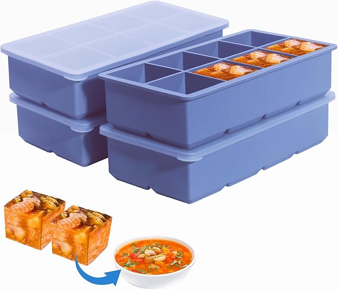 1/2 Cup Silicone Freezer Tray With Lid - Silicone Freezer Molds 4-Pack For meal prep & freezing of various sauces and other dishes, makes 32 perfect 1/2 cup portions cubes (Blue 4 Pack)