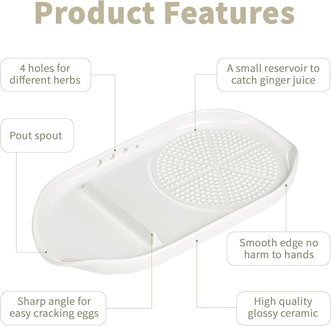 WhiteRhino 4 in 1 Ceramic Garlic Grater with Egg Cracker,Spoon Rest and Herb Stripper, Ginger Grater Plate for Grinding Wasabi Fruits Vegetables Ginger Garlic Cheese(6.76inx3.7in)