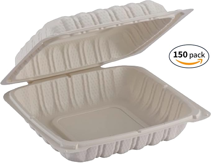 TIYA Clamshell Food Containers - White Bulk 150 Pack, 8x8 in - BPA-Free Plastic To-Go Containers - Microwavable, Hinged, Tall Reusable Clamshells - Great for Meal Prep