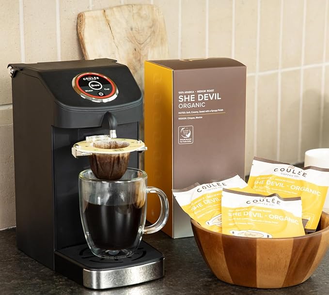 Coulée EcoPour She Devil Coffee, Single Serve Pour Over Arabic Coffee, Medium Roast, Use for Camping or Traveling, Pre Filled Compostable Filters, Ready to Brew with Hot Water, 20 Pack