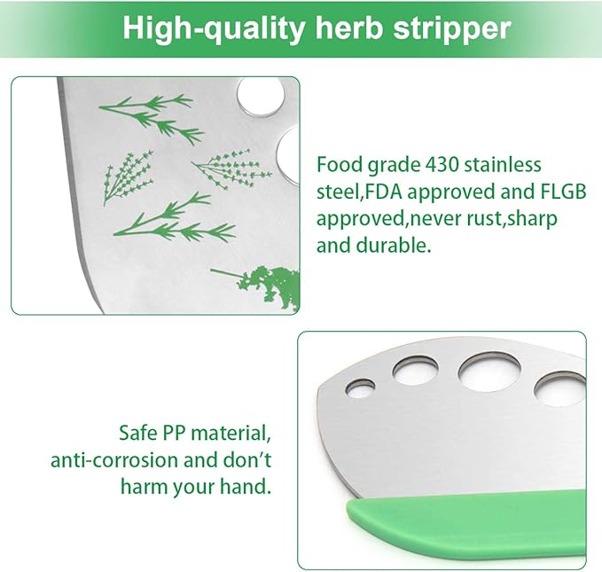 Leaf Herb Stripper, Stainless Steel Kitchen Herb Stripper Tool, 9holes, 2 in 1 design,Curved edge can be used as a kitchen knifefor Chard, Collard Greens, Parsley, Basil, Rosemary Herb, Taragon, Thym