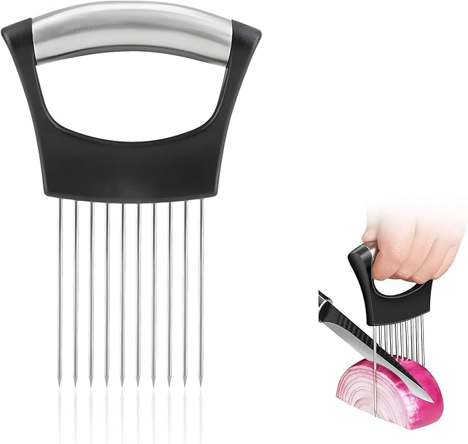 1PC Onion Holder for Slicing, Upgraded Stainless Steel Onion Slicer Holder with Ergonomic Handle, Tomato Cutter, Vegetable Slicing Tool, Meat Tenderizer, Kitchen Food Cutting Gadget