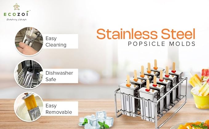 ecozoi Stainless Steel Popsicle Molds and Rack - 10 Square Ice Pop Makers + 50 Reusable Bamboo Sticks + 20 Silicone Seals + 1 Cleaning Brush + 1 Rack