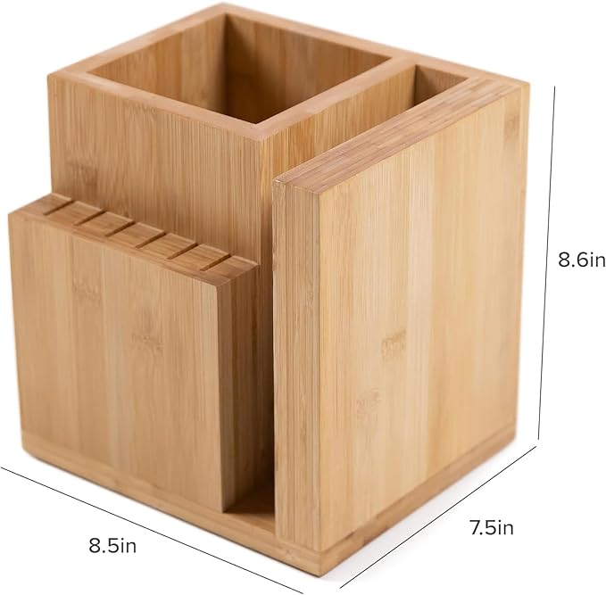 KitchenEdge Bamboo Magnetic Knife Block and Cooking Utensil Holder, Sleek Storage for Chefs Knives, Steak Knives, Spatulas, Scissors, Non-Slip Rubber Feet, Easy to Clean, Kitchen Countertop Organizer