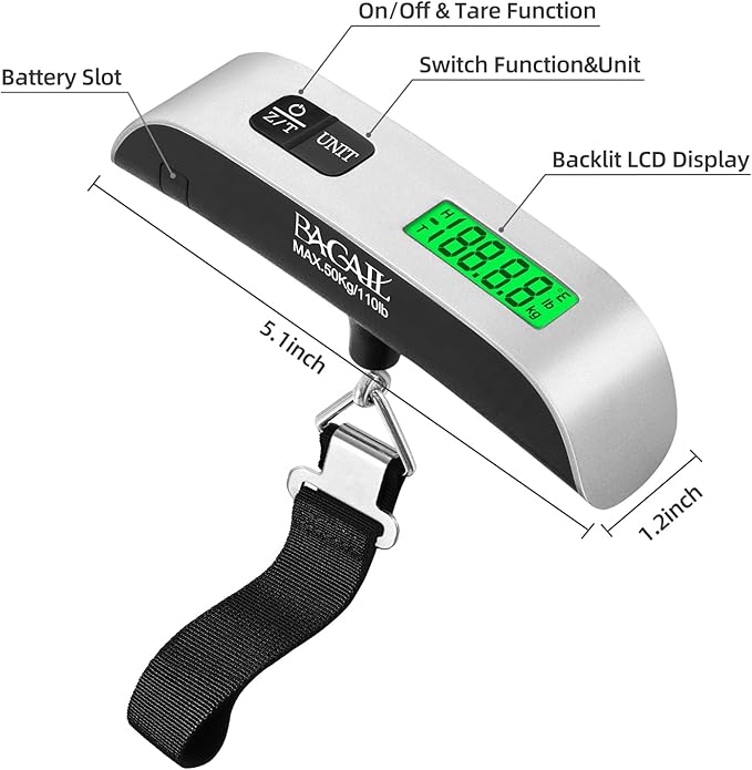 BAGAIL Digital Luggage Scale, 110lbs Hanging Baggage Scale with Backlit LCD Display, Portable Suitcase Weighing Scale, Travel Luggage Weight Scale with Hook, Strong Straps for Travelers