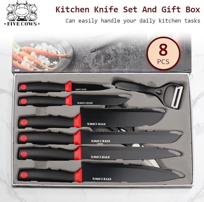 8-Piece Chef Knife Set - Ultra Sharp Premium German High Carbon Stainless Steel, Razor-Sharp & Durable, Lightweight Anti-Slip Handle, Professional Kitchen Knives with Gift Box (Red 8 Piece)