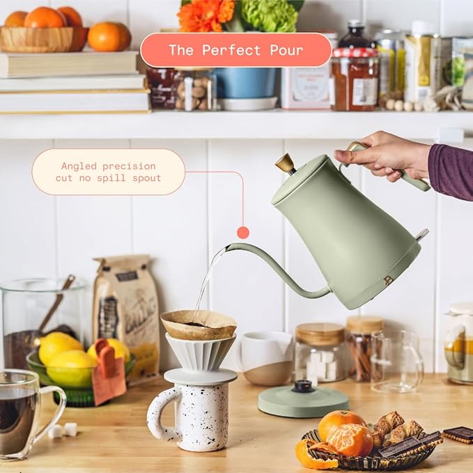 Beautiful 1L Electric Gooseneck Kettle, Precision Pour Spout, 1200W Fast Boil, Auto Shut-Off, Cordless, Stainless Steel, Tea & Coffee Maker with Ergonomic Handle, Matte Finish (Sage Green)