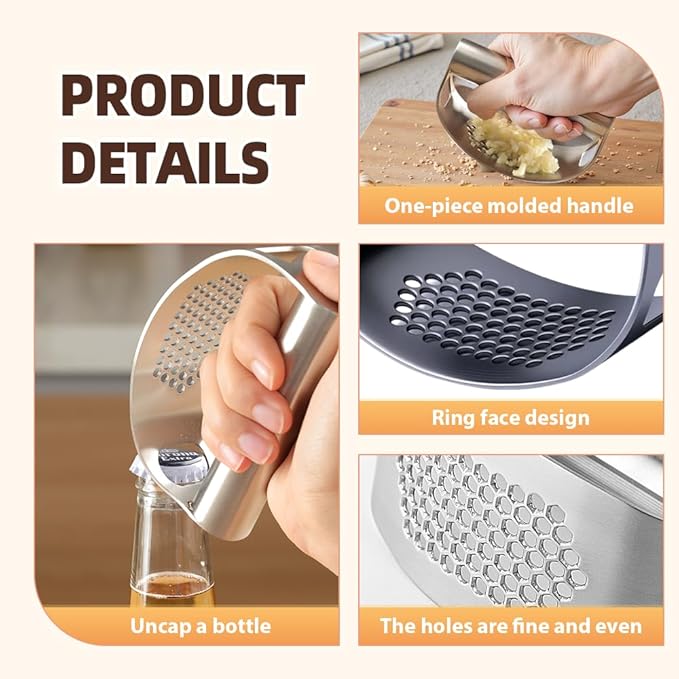 Stainless Steel Garlic Presser, Upgrade Rocker Crusher Masher with Garlic Peeling, 2026 New Portable Manual Stainless Steel Garlic Press for Home Kitchen Utensils (1)